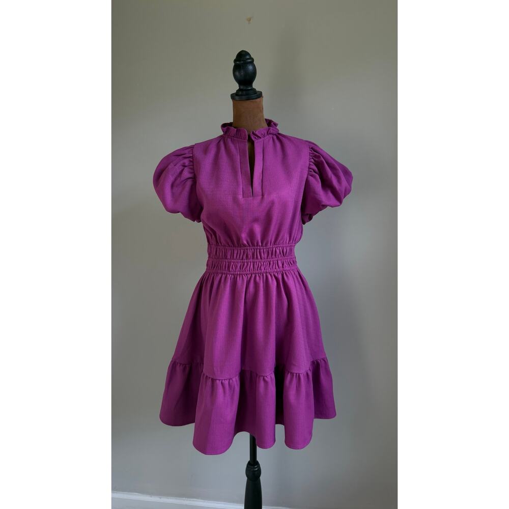 Entro Women’s Purple Puff Sleeve Smocked Mini Dress Size S Tiered V-Neck - Picture 5 of 11